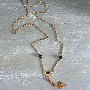 Gold Long Statement Necklace Black Beads Unique